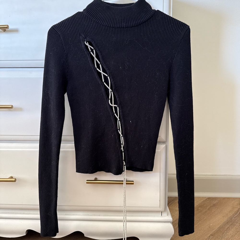 Forever 21 Black Ribbed Sweater with Lace-Up Detail - S